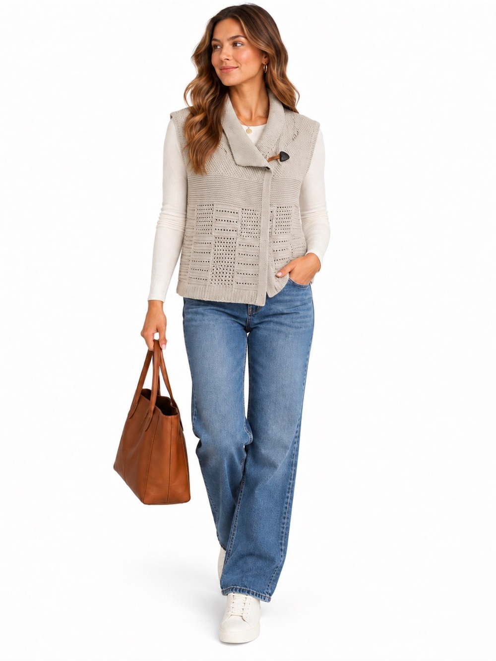 Woolrich Cream Knit Vest L Cotton Blend Toggle Textured Openwork Sweater Vest